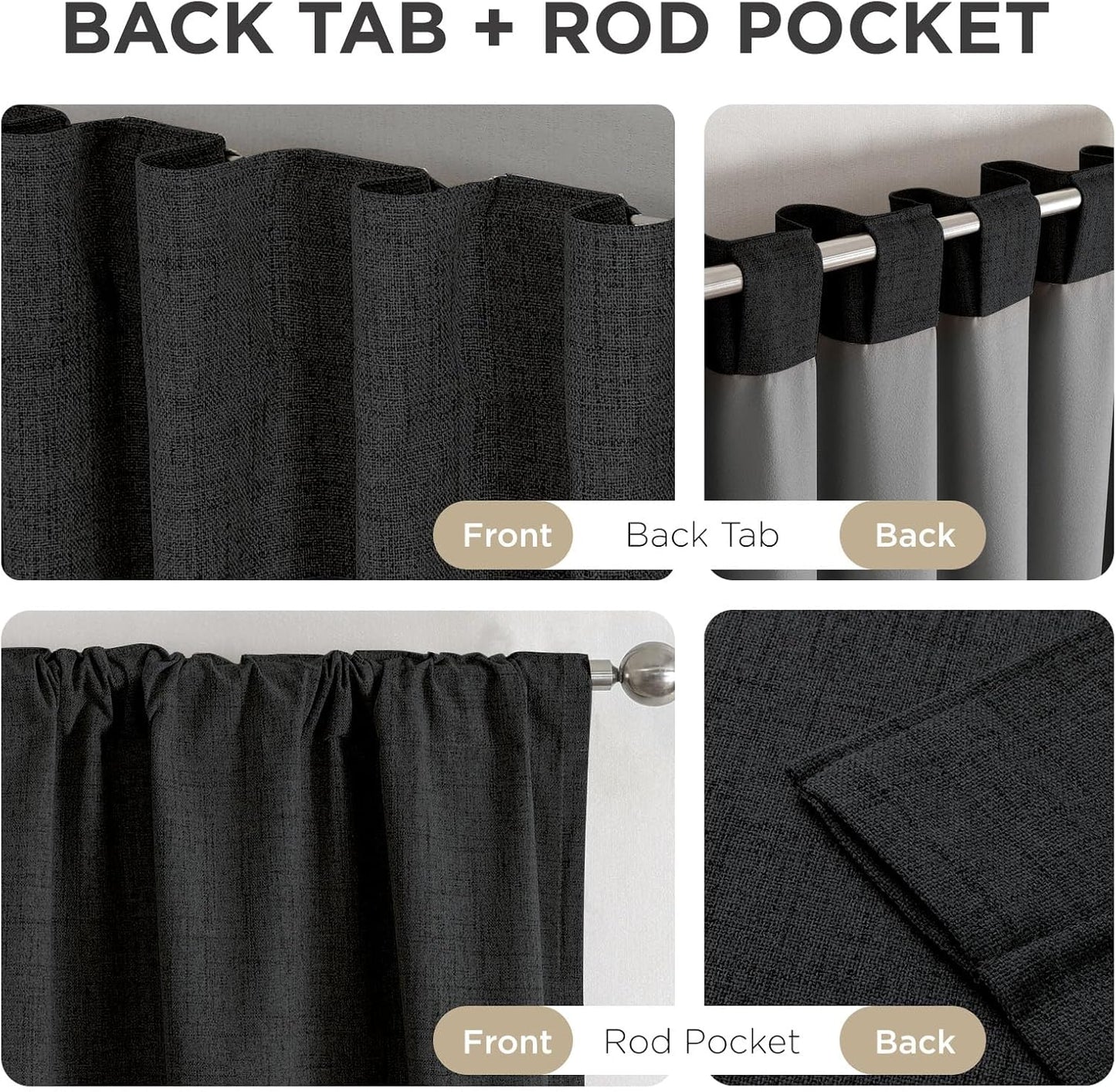 Joydeco 100% Blackout Curtains for Bedroom - Natural Linen Curtains 52"W x 84"L Long, Thermal Insulated 2 Panels Black Light Blocking Drapes, Rod Pocket & Back Tabs, Darkening Privacy for Living Room