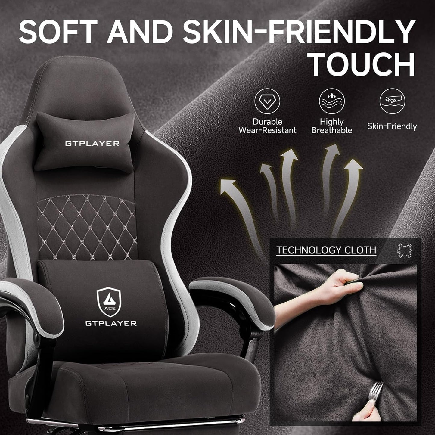 GTPLAYER Office Chair, Gaming Computer Desk Fabric Chair with Footrest, High Back Ergonomic Office Chair with Pocket Spring Lumbar Support and Linkage Armrests Adjustable Height Swivel for Home Task