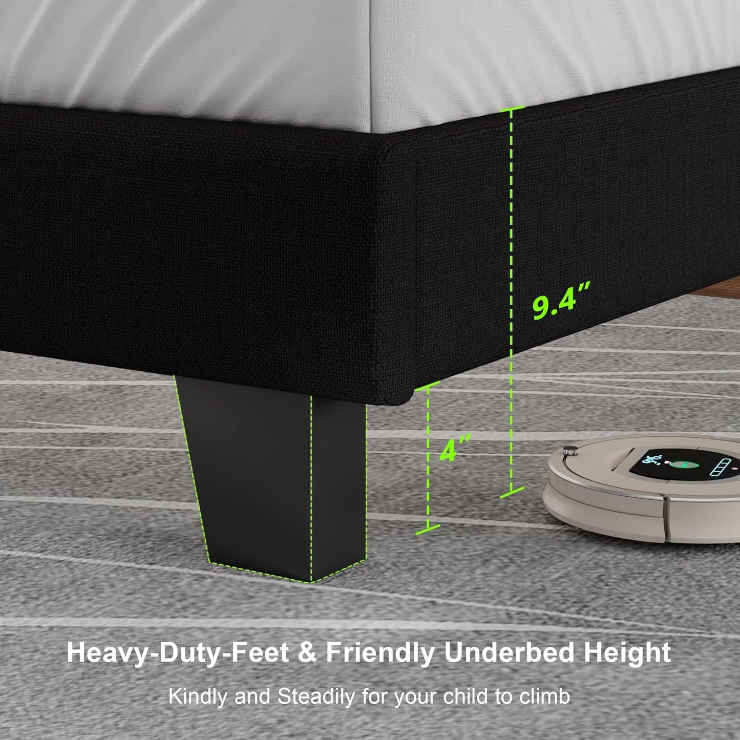 Feonase King Size Platform Bed Frame, Upholstered Bed with Button Tufted Headboard, Heavy Duty Wooden Slats & Thickened Feet, No Box Spring Needed, Noise-Free, Easy Assembly, Black