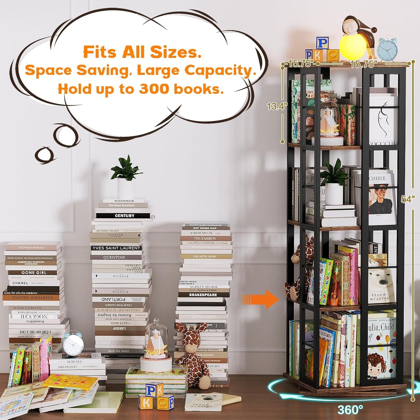 Aheaplus Rotating Bookshelf, Corner Bookcase, 360 Display Wood Spinning Bookshelves, Floor Standing Bookcases Narrow Shelf, 4 Tiers, Rustic Brown