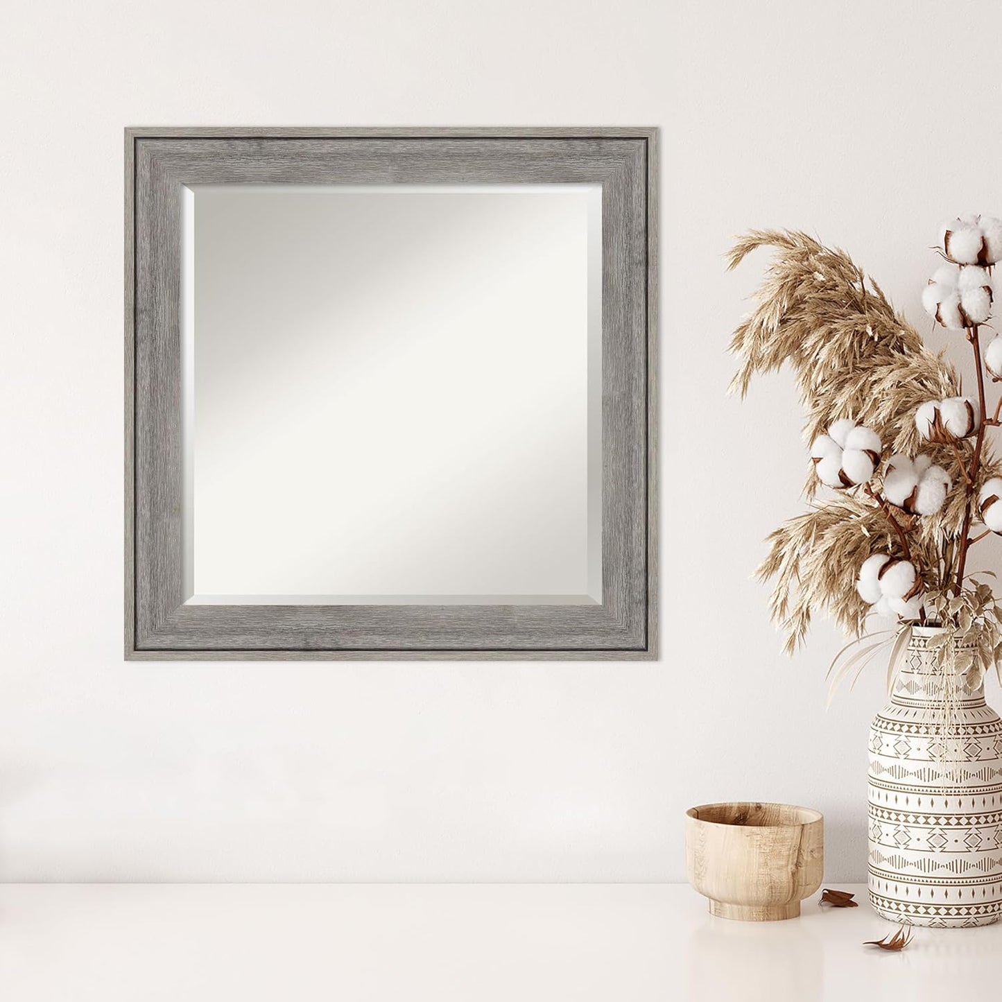 Amanti Art Grey Wall Mirror 25x25 Regis Barnwood Grey Square Bathroom Mirror for Wall Decor Living Room, Medium Rustic Farmhouse Wood Frame, Hangs Horizonally and Vertically, Bathroom Decor, Beveled