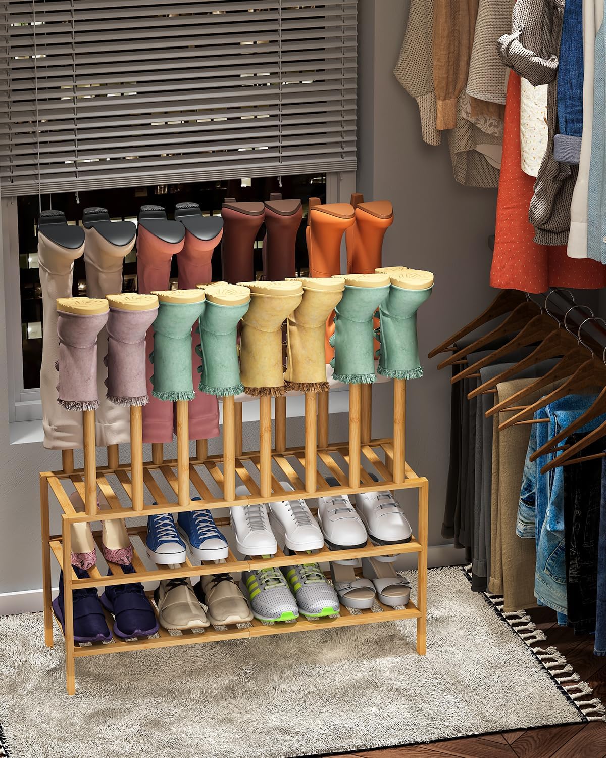 Boot Rack with Shoe Rack, Long Boot Rack Organizer Tall Boots for Closet, Bamboo Wood Shoe Shelf Storage Organizer for Entryway Small Space