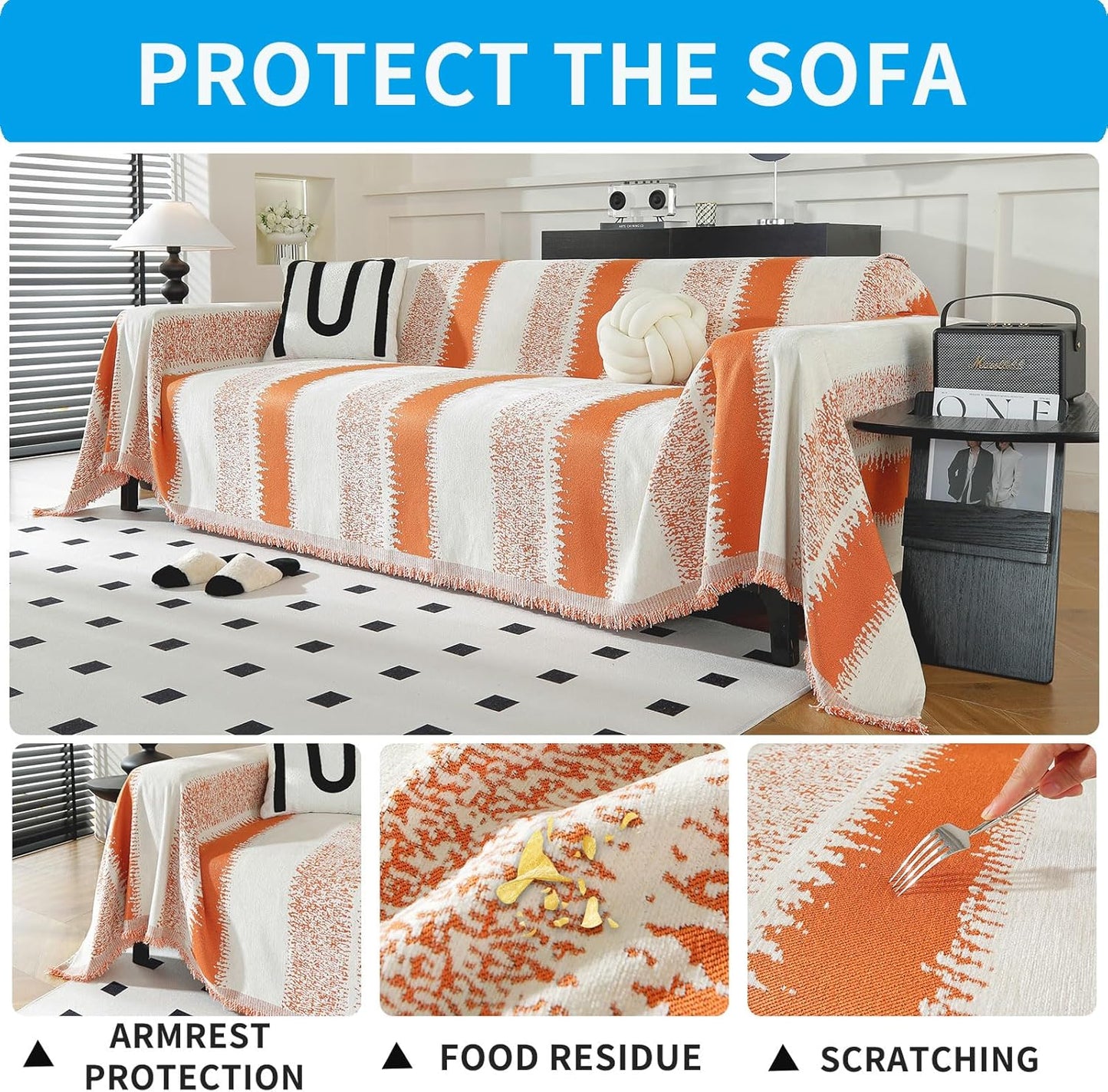 LUFEIJIASHI Boho Couch Covers for Sofa Non Slip Sofa Covers Washable Couch Covers for 3 Cushion Couch Sofa Pet Friendly Sectional Couch Cover Blanket Furniture Protector for Dogs (Orange, 71"x134")