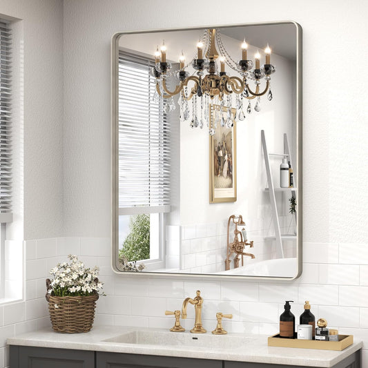 28x32 Silver Bathroom Mirror for Wall, Brushed Metal Framed Bathroom Vanity Mirror, Modern Rounded Corner Rectangle Mirror, Anti-Rust (Horizontal/Vertical)