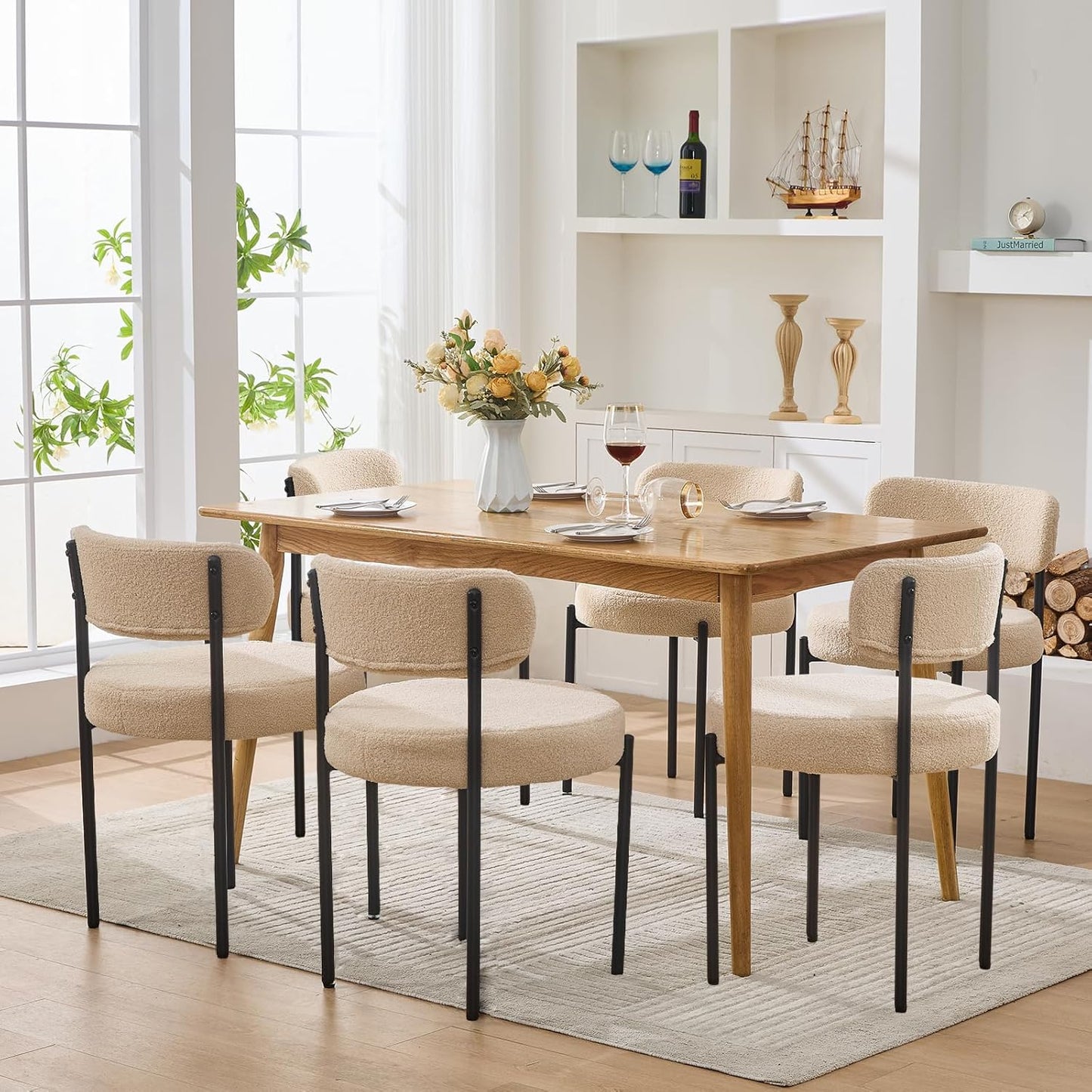 Dining Chairs Set of 6, Beige Boucle Dining Chair, Curved Backrest Upholstered Dining Room Chairs with Black Metal Legs, Mid Century Modern Dining Chairs for Kitchen, Living Room, Beige