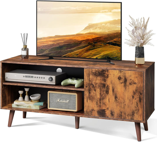 WLIVE TV Stand for 55 Inch TVs, Entertainment Center with Storage Cabinet, Mid-Century TV Stands for Living Room and Bedroom, 50" TV Console, Brown