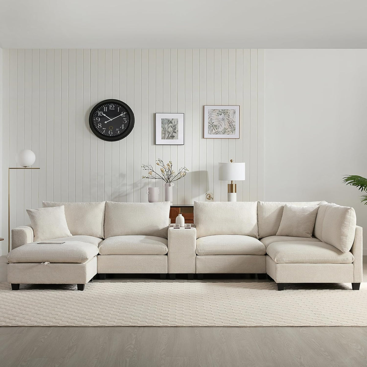 Merax 140'' Oversized Modular Sectional Sofa with Storage Ottoman and Console, Removable Storage Pockets, Cup Holder, Wide Seat, USB Charger, 6 Seat U Shaped Chenille Couch Set for Living Room, Beige