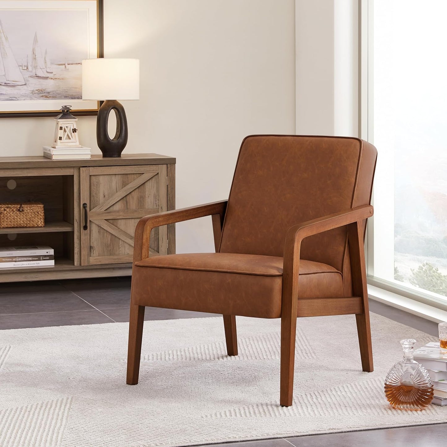 Yaheetech PU Leather Accent Chair, Mid-Century Modern Barrel Chair with Wooden Frame and Soft Thick Padded for Living Room Bedroom Home Office, Light Brown