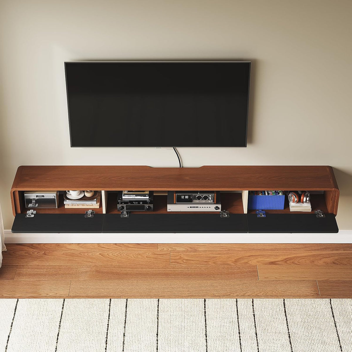 Minimalist 70'' Floating TV Stand with 3 Doors,Solid Wood Wall Mounted TV Console,Floating Entertainment Center with Hidden Storage,Curved Round Edges,Natural Wood Finish(Walnut)
