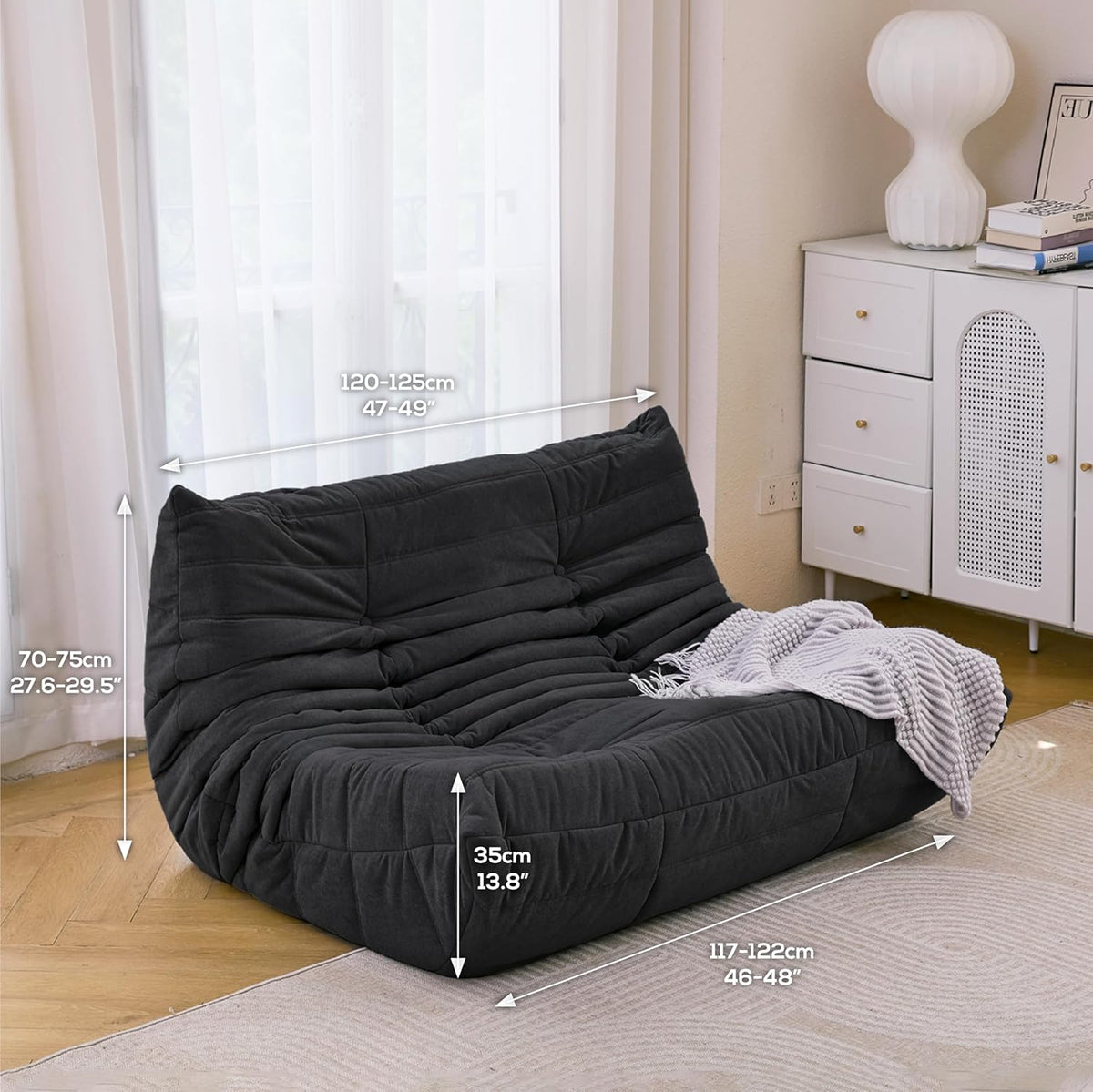 N&V Fireside Mid Century Armless Floor Sofa, Soft Premium Microfiber Lounge Chair, Foam Accent for Living Room Bedroom and Office (Black, Loveseat)