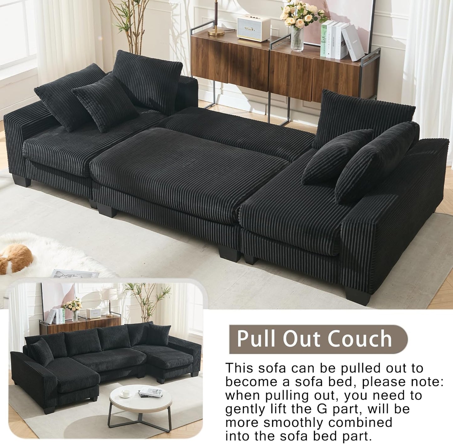 Symmetrical U Shaped Sectional Sofa Convertible Pull Out Sleeper Sofabed with Double Chaise Daybed , Corduroy Upholstered U Shaped Lounge Sofa Couch Bed w/ Throw Pillows for Living Room Apartment