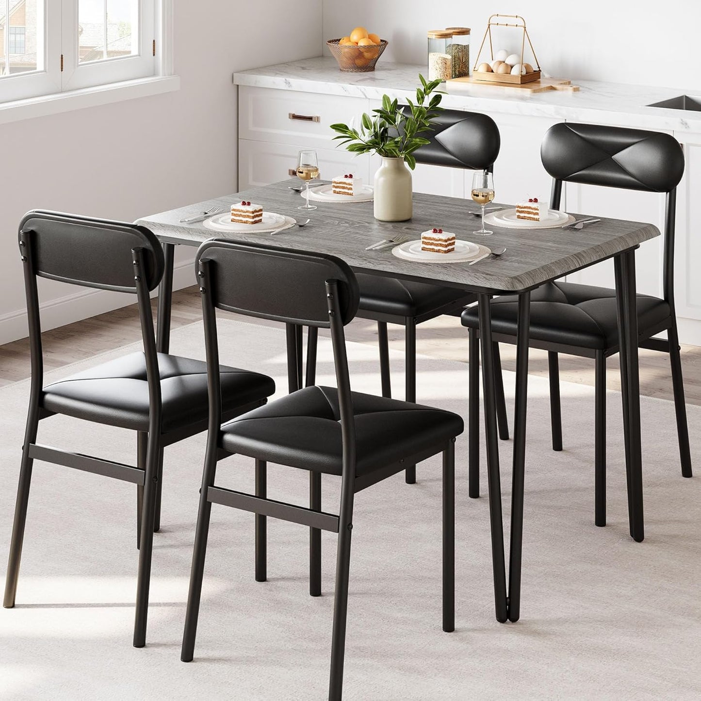 GarveeHome Dining Table Set for 4, Kitchen Table with Upholstered Chairs for Kitchen Room and Small Spaces (Grey, Table with 4 Chairs)