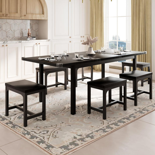 Feonase 7-Piece Dining Table Set for 4-8, 63" Large Extendable Kitchen Table Set with 6 Stools, Modern Dining Room Table with Heavy-Duty Frame, Easy Assembly, Black
