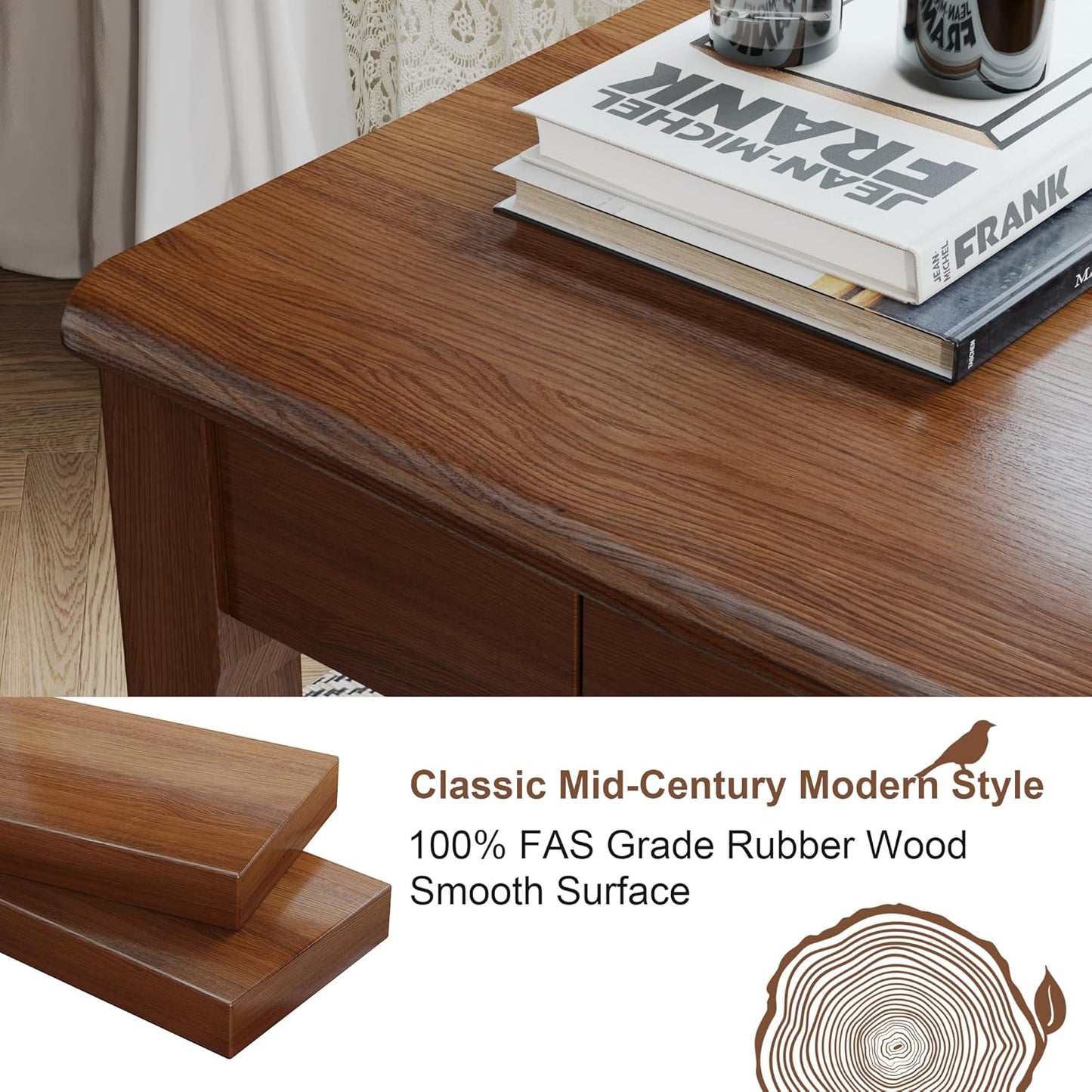 Solid Wood Desk with Drawers - 47 x 16 Inch Vintage Narrow Desks, Mid Century Modern Desks, Rubber Wood Study Table, Small Writing Desk for Bedroom|Small Spaces - Walnut Color