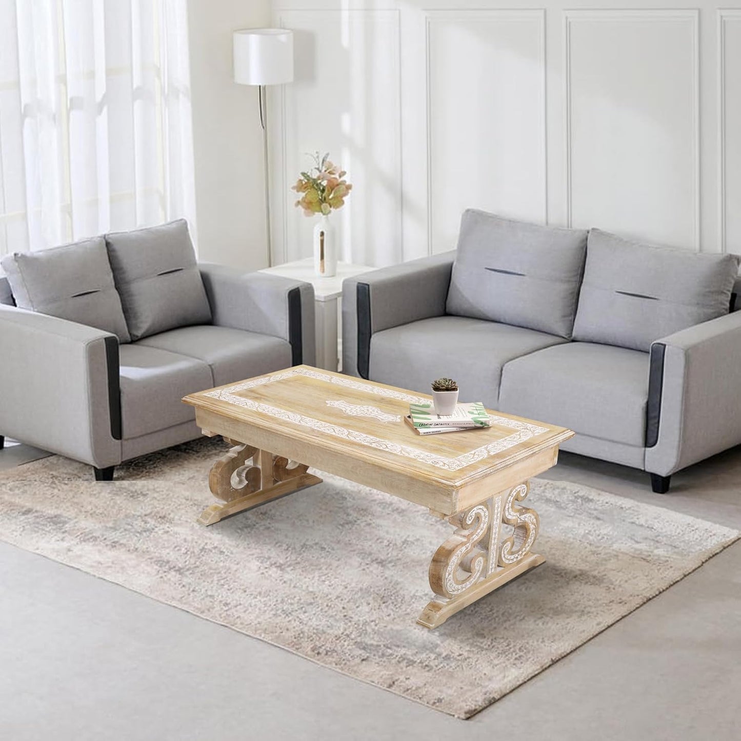 Lightnpro Mango Wood Rectangular Coffee Table - Living Room Center Table, Rustic Vintage Charm, Eco-Friendly Furniture, Reclaimed Wood - 40x18 Inch White Wash Finish