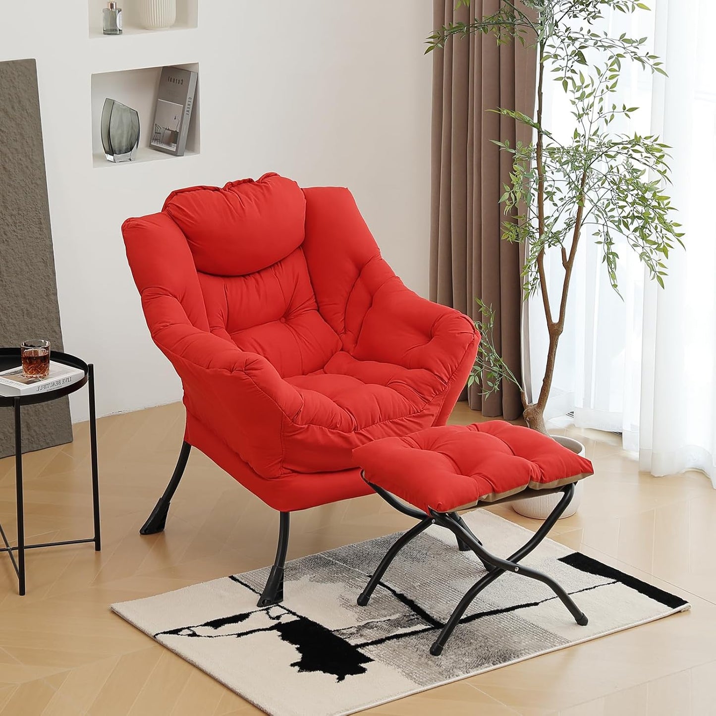 Modern Lazy Chair with Folding Footrest, Lounge Accent & Comfortable Reading Chair (Red)