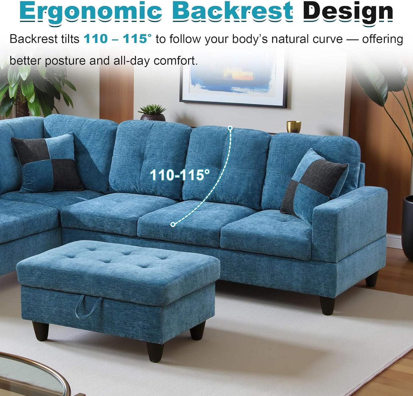 103.5" Oversized Sectional Couch, L Shaped Couch with Storage Ottoman, Modern Modular Sofa with Deep Seat, Sectional Couches for Living Room and Office, Blue (Flannel)