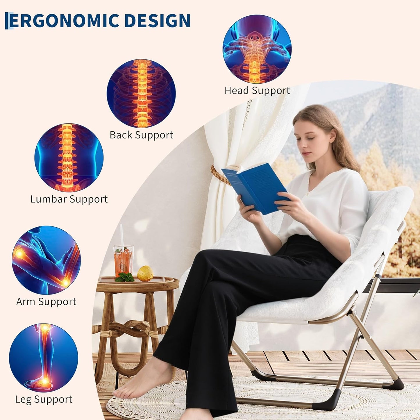 Comfy Chair for Adults, Foldable Living Room Chairs, Soft Faux Fur Folding Lounge for Bedroom Living Room Dorm Rooms, Flexible Reading Chair for Teens (1, White, X-Large)