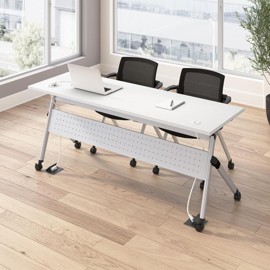Bush Business Furniture Folding Training Table Set for 2, 72 inch Desk with Powered Grommets and 2 Chairs with Arms, Commercial-Grade Bundle for Office or Classroom, Envision Collection, White