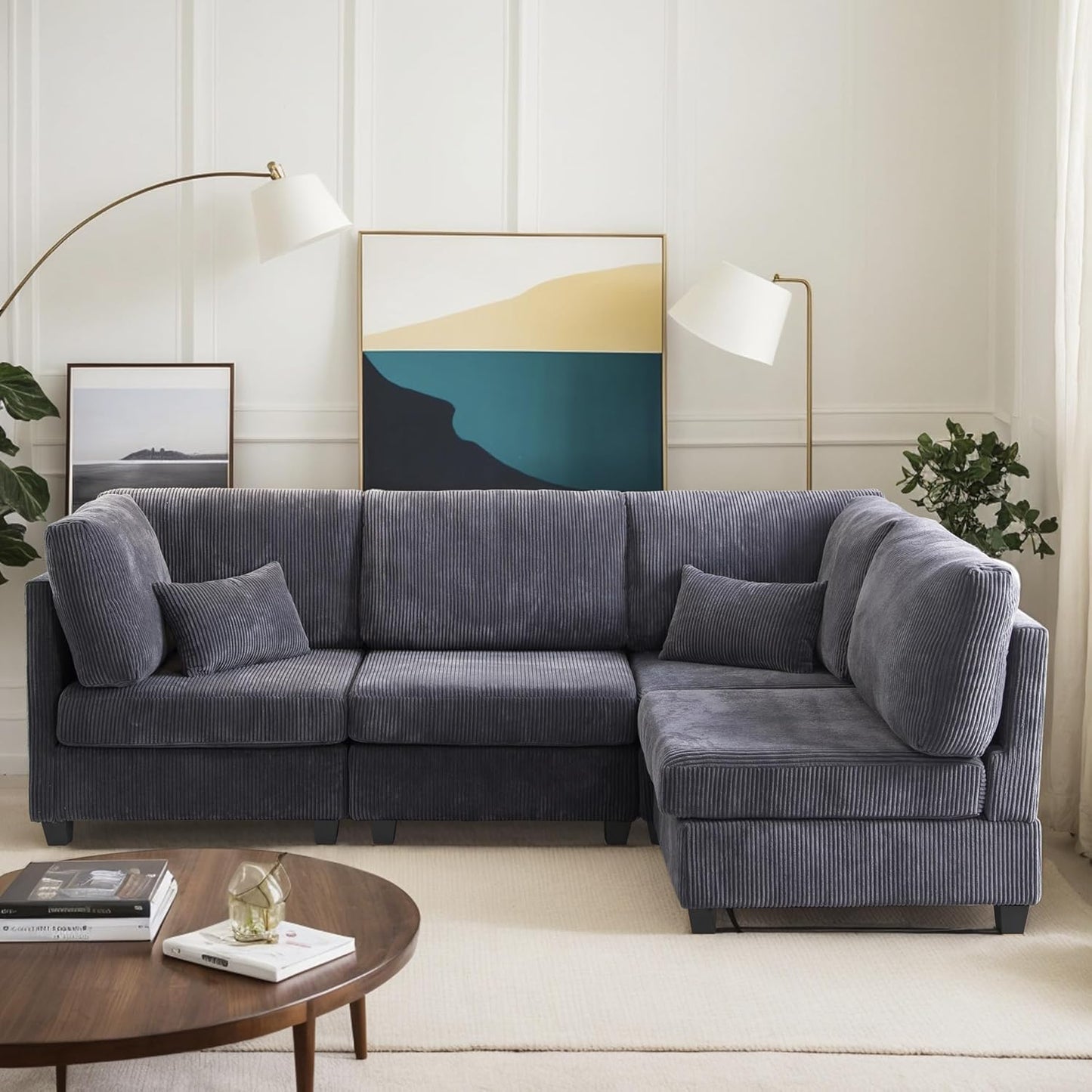 126" Convertible L-Shaped Modular Sectional Sofa, 4 Seater Corduroy Upholstered Corner Sofa Couch with Extra Wide Deep Seat, DIY Combination Lounger Sofa with Solid Wood Legs for Living Room Office