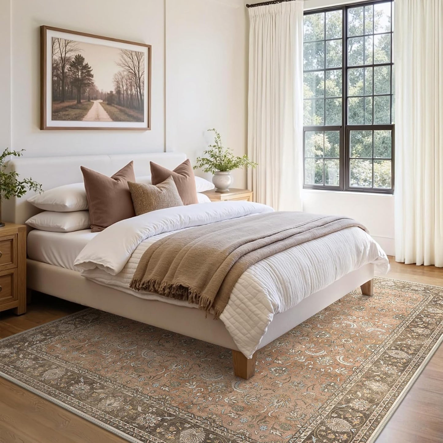 10X12 Area Rugs Machine Washable Rugs for Living Room, Vintage Boho Large Rugs for Bedroom Dining Room, Non Slip Indoor Soft Distressed Lightweight Thin Low Pile Carpet, Chestnut