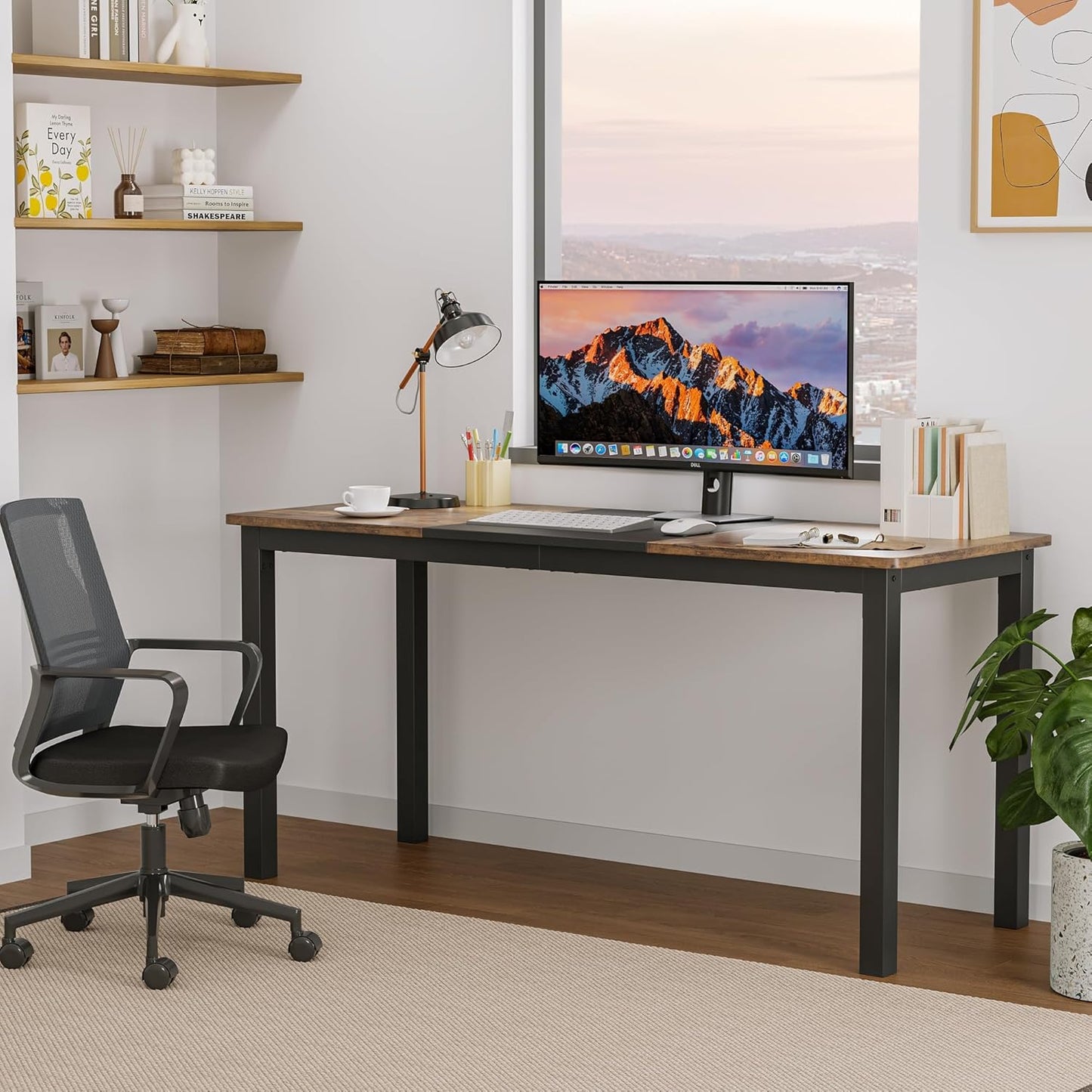 GarveeHome 63 Inch Computer Desk, Modern Office Desk with Metal Frame, Large Gaming Desk, Sturdy Writing Workstation for Study, Home, Office, 23.6" D x 63" W, Black and Brown