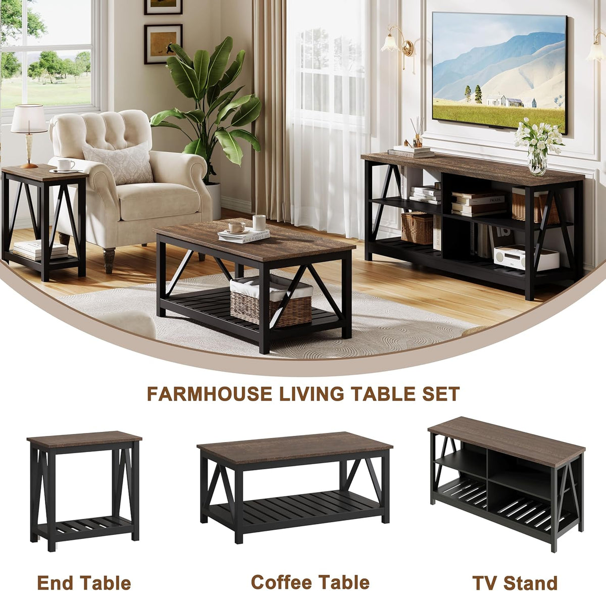 ChooChoo Farmhouse TV Stand for TVs up to 55 Inch, Modern Entertainment Center with 4 Open Shelves & Built-in Cable Holes, Media TV Console for Living Room, Bedroom, Black