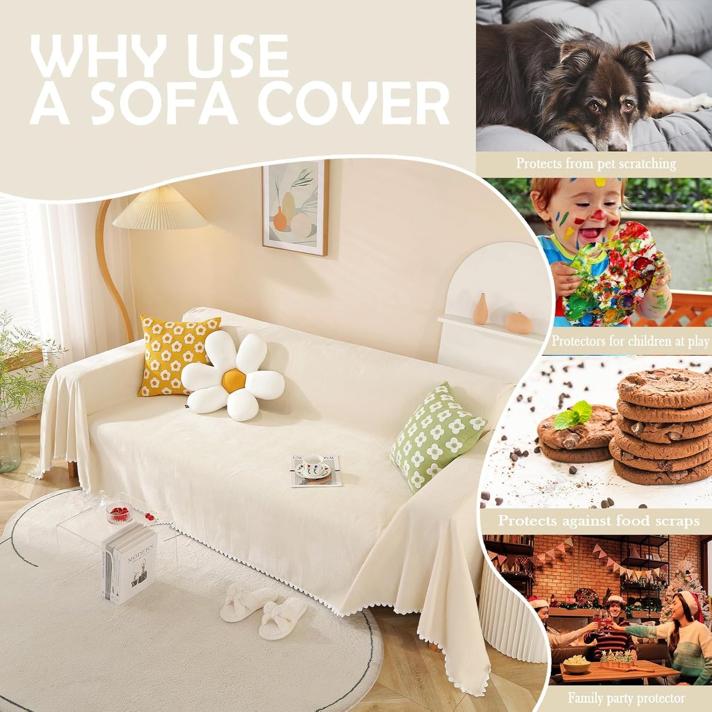 HANDONTIME Beige Sofa Covers Couch Covers for 3 Cushion Sofa Cute Couch Cushion Covers Pet Couch Protector Thick Chenille Loveseat Cover Multi-Functional Throw Cover, 71" X118"