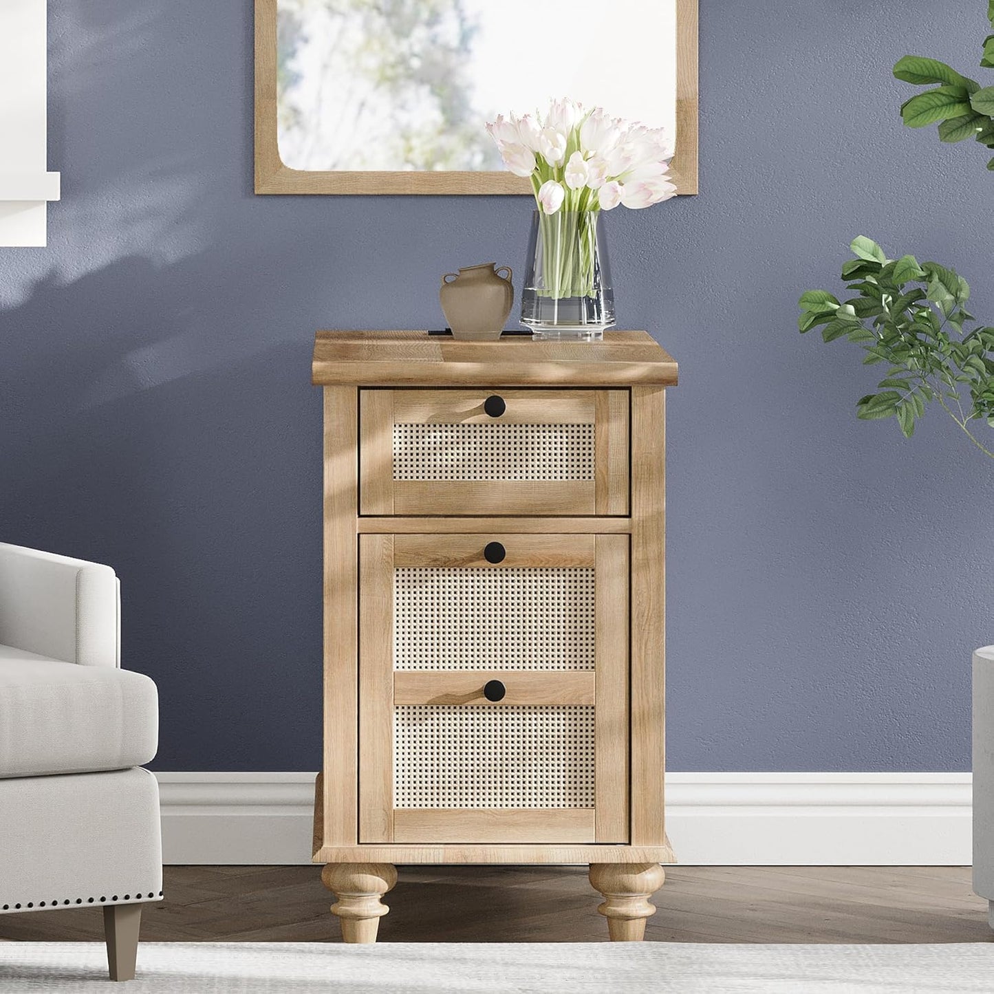 WAMPAT Farmhouse End Table with Charging Station, Rattan Side Table with Drawer & Storage Cabinet, Wooden Oak Nightstand with Power Outlets & USB Ports for Living Room, Bedroom, Burlywood