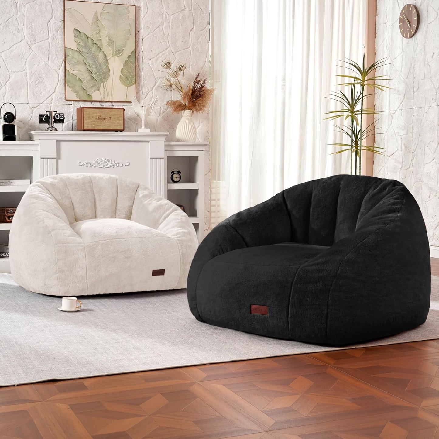 HABUTWAY Bean Bag Chair, Giant Bean Bag Chairs for Adults with Ottoman, Comfy Faux Fur Shell-Shaped Bean Bag Couch, Sofa Chair for Living Room, Bedroom, White