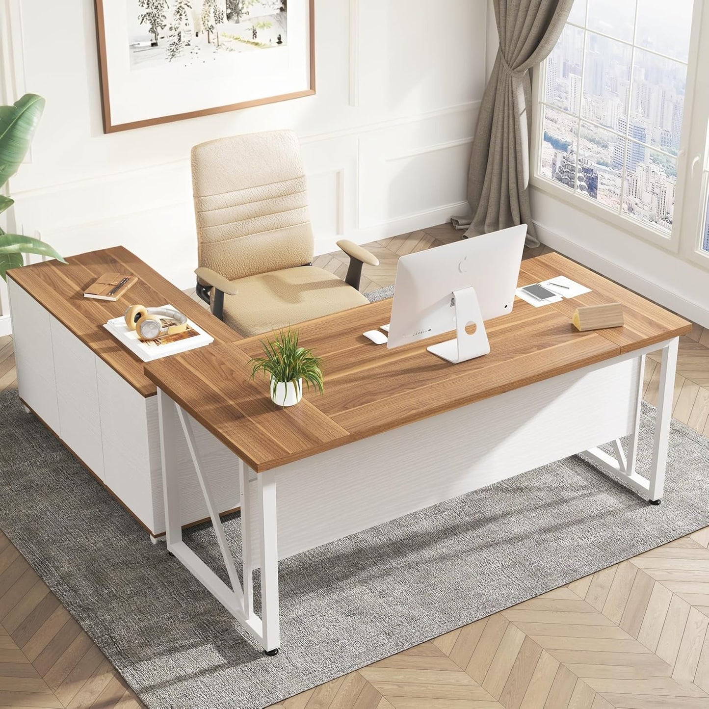 Tribesigns 63-Inch Executive Computer Desk with 47-Inch Lateral File Cabinet, Large Workstation Business Furniture, L Shaped Desk with Drawers and Storage Shelves for Home Office, Walnut & White