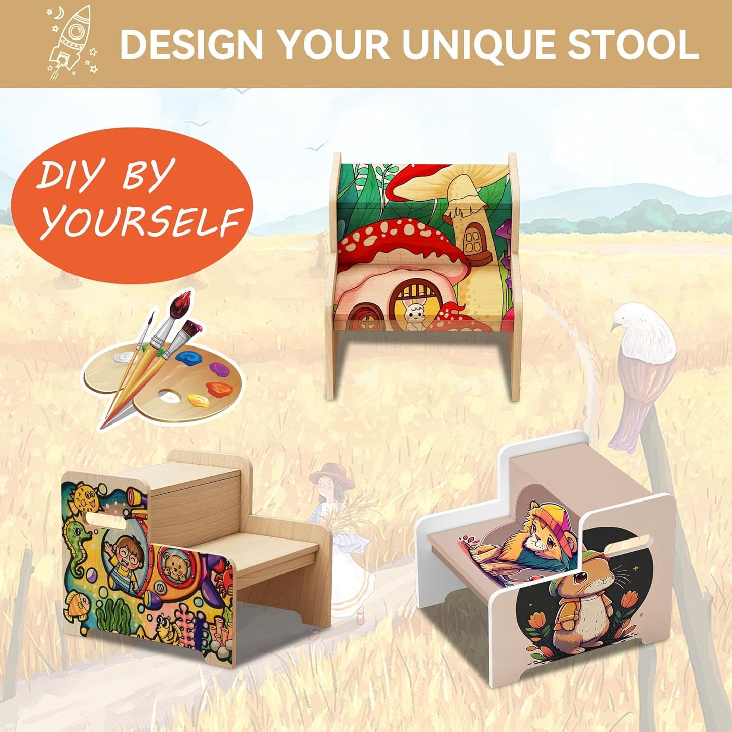 Wood Step Stools for Kids, Child Two Step Stool of DIY Shape, Toddler Step Stools Potty Training Stool, Easy to Move Safety for Kitchen, Bathroom, Bedroom, Toilet