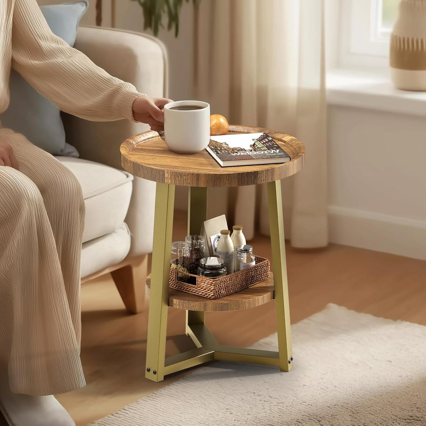 PPAMAPIC Round End Table, 2 Tier Side Table with Storage Shelf, Nightstand Accent Table for Living Room Bedroom Small Space, Golden Metal Frame, 15.7" D x 19.7" H, Rustic Brown