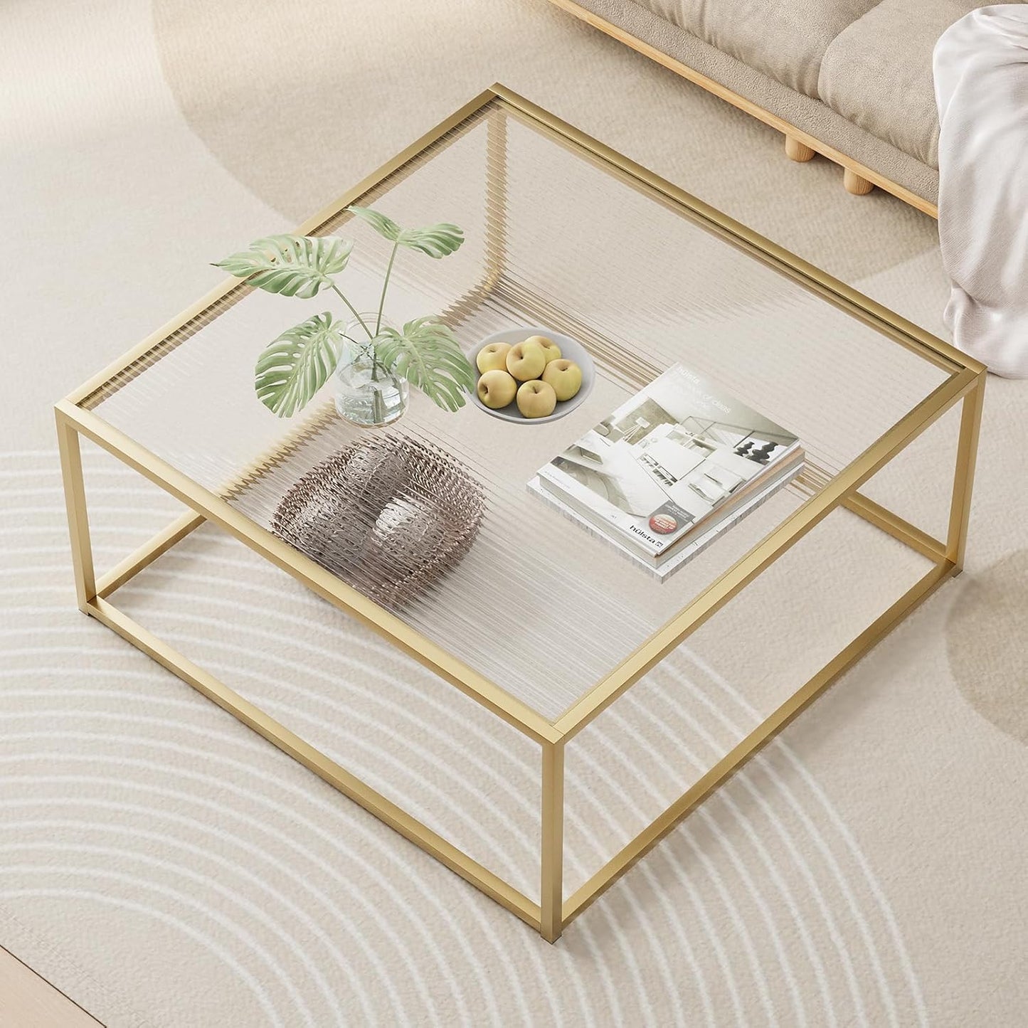 Glass Coffee Table Modern Center Table,Minimalist Coffee Table Sofa Side Tea Table for Living Room,Tempered Glass-top with Sturdy Metal Frame, Easy Assembly,26.4 x 26.4 x 15.7 Inches, Gold