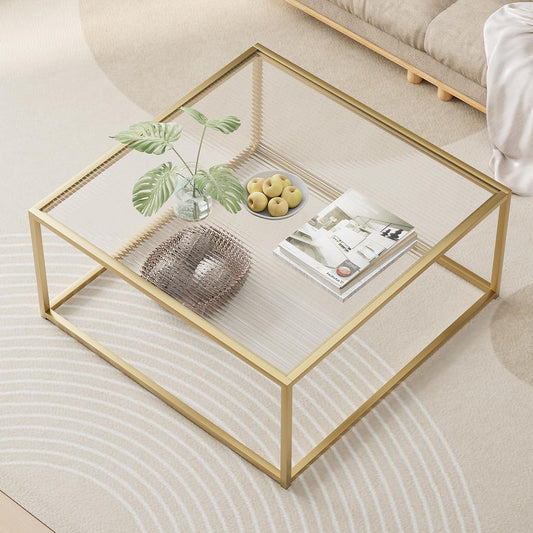 Glass Coffee Table Modern Center Table,Minimalist Coffee Table Sofa Side Tea Table for Living Room,Tempered Glass-top with Sturdy Metal Frame, Easy Assembly,26.4 x 26.4 x 15.7 Inches, Gold