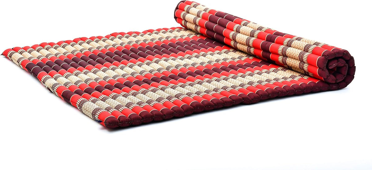 Leewadee - Foldable Floor Mattress - Japanese Roll Up Futon -Trifold Tatami Mat- Guest Floor Bed - Camping Mattress - Thai Massage Mat, Kapok Filled, 75 x 57 inches, Red