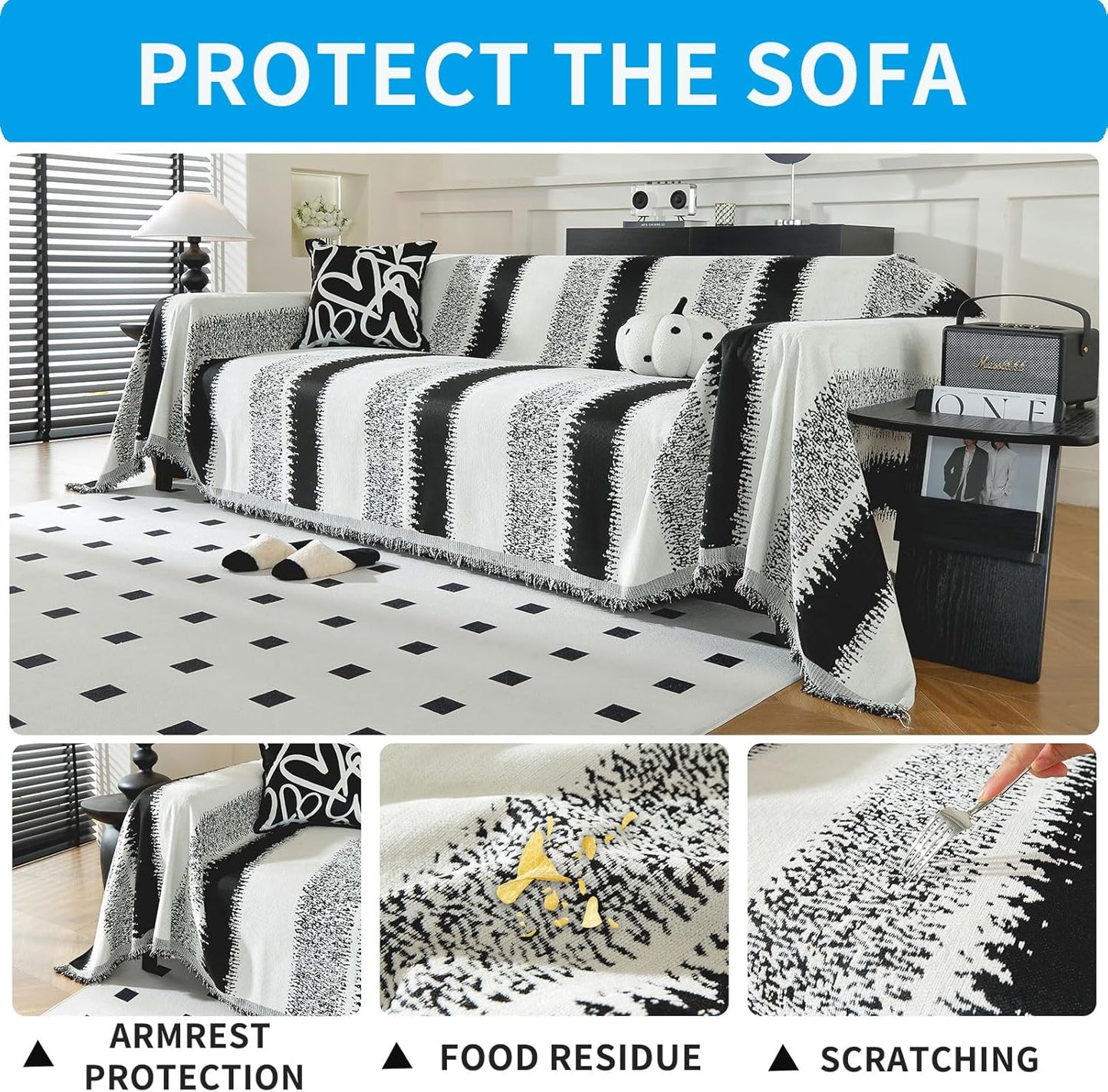 LUFEIJIASHI Boho Couch Covers for Sofa Non Slip Sofa Covers Washable Couch Covers for 3 Cushion Couch Sofa Pet Friendly Sectional Couch Cover Blanket Furniture Protector for Dogs (Black, 91"x150")