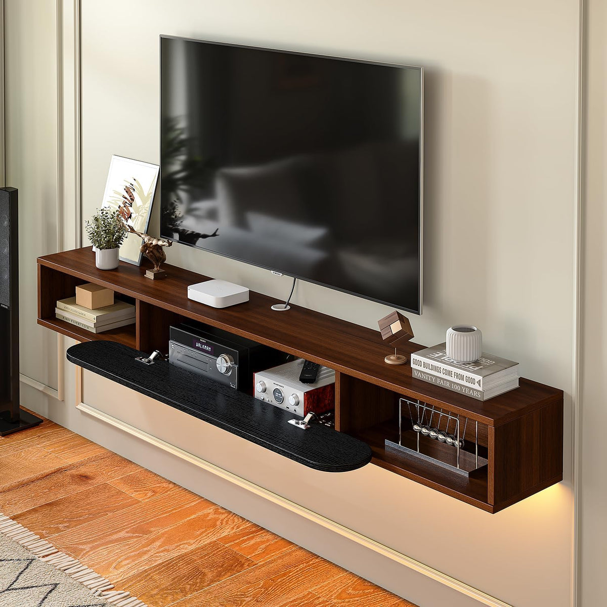 Floating TV Stand Wall Mounted 55'', Modern Media Console with 2 Open Cabinets and 1 Door,Wall Mount TV Console for Living Room Bedroom,Walnut and Black
