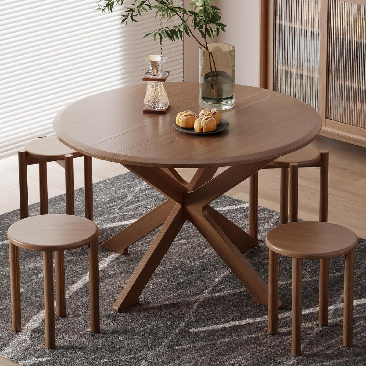 Stackable Stools Set of 4, Wooden Stool 18 Inch Stool Stackable Side Tables Nesting Table Sturdy and Durable, No Installation Required for End Table,Top Stackable Round Stools (Walnut Mobile)