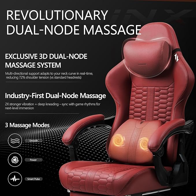 Dowinx Gaming Chair for Adults with Dual-Point Massage, Ergonomic Racing Style Game Chair Footrest, High Back Computer Chair 360° Swivel for Office,400LBS, Red
