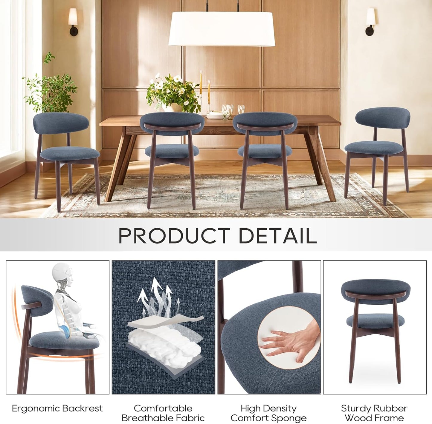 COLAMY Wooden Dining Chairs Set of 6, Modern Fabric Upholstered Dining Room Chair, Farmhouse Kitchen Chairs with Foot Pegs, Blue