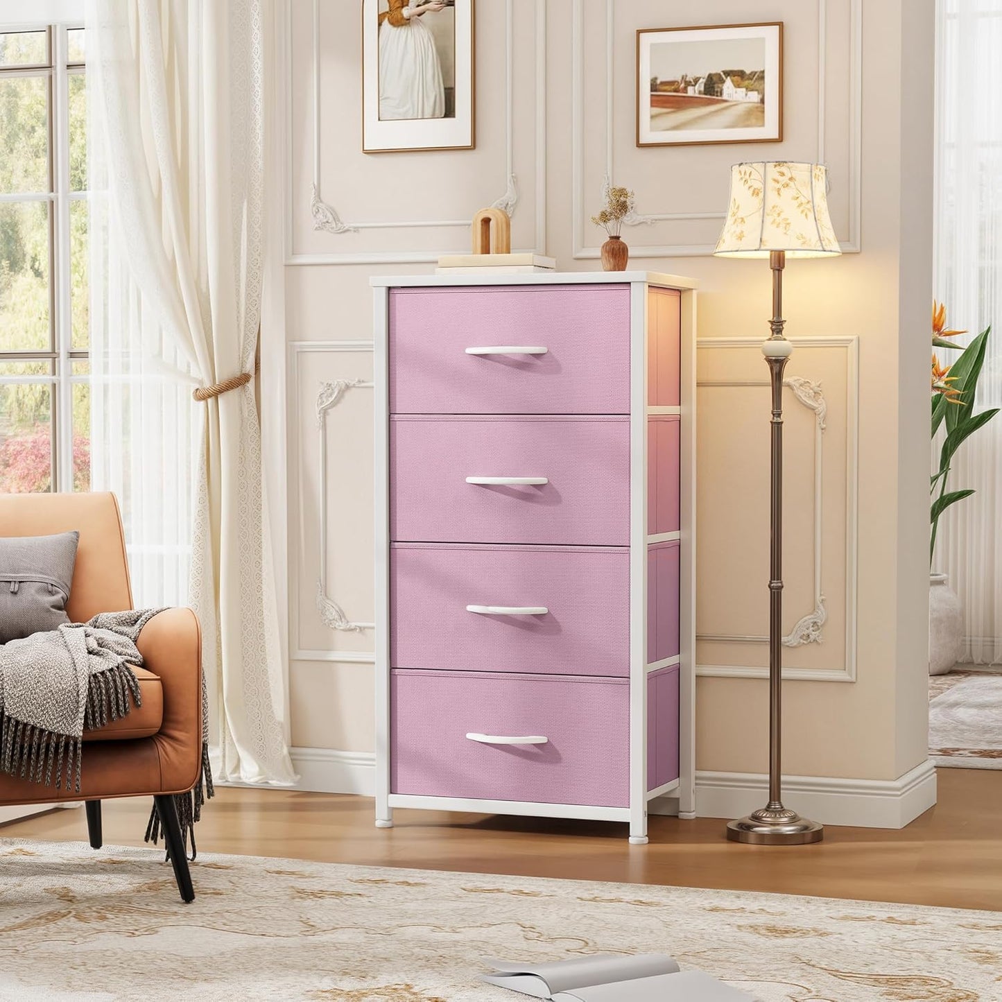 DWVO Storage Drawer with 4 Drawers - Fabric Dressers, Dresser for Bedroom, Living Room, Closets - Sturdy Steel Frame, Wooden Top & Easy Pull Fabric Bins