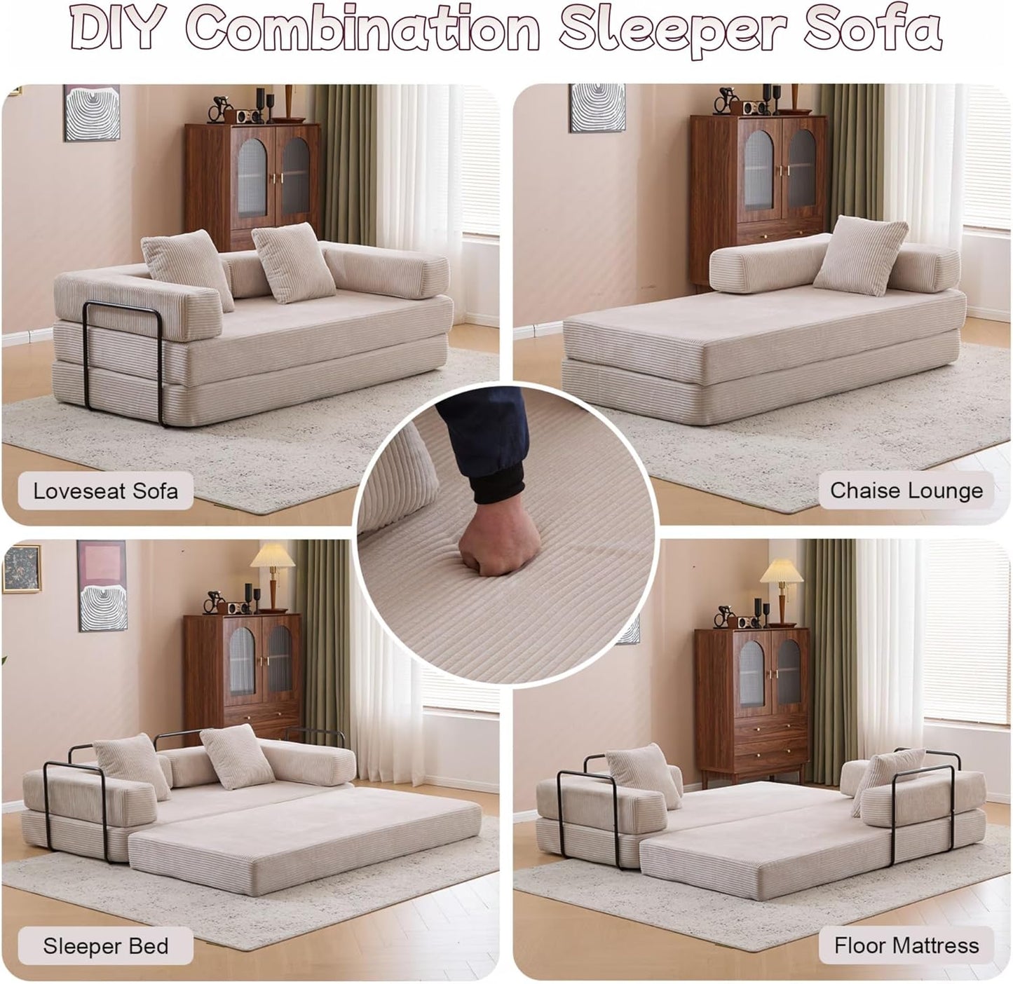 Convertible Sofa Bed, Compression Futon Sofa with Pillows & Armrest, Foldable Mattress Couch with Fixed-Shape Frame, Comfy Couch Lounge Sleeper Bed for Living Room Bedroom, Light Gray