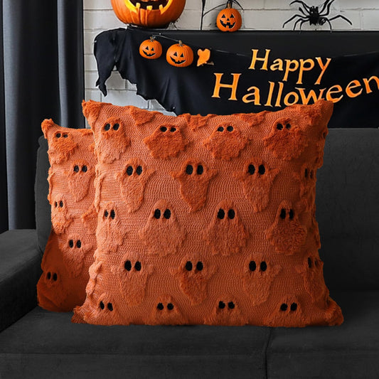 4TH Emotion Halloween Ghost Decorative Pillow Covers 20x20 Set of 2, Rust Red Soft Plush Faux Fur Farmhouse Throw Cushion Cases for Fall Autumn Holiday Home Decorations