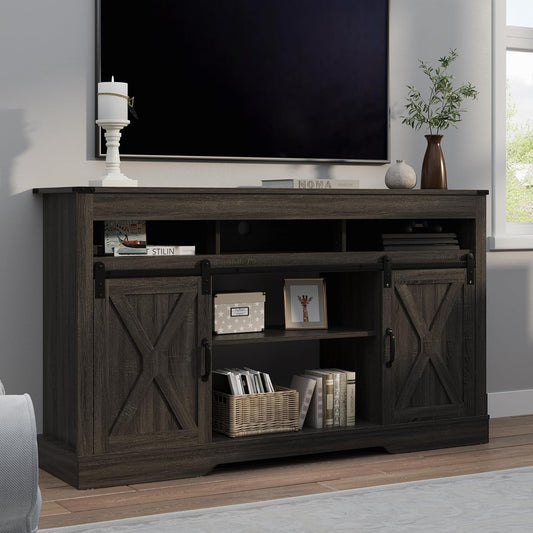 RoyalCraft Farmhouse TV Stand for 23" Fireplace, 34'' Tall Entertainment Center for 65+ Inch TV, 34" Tall Rustic TV Console with Sliding Bar Door for Living Room, Dark Grey