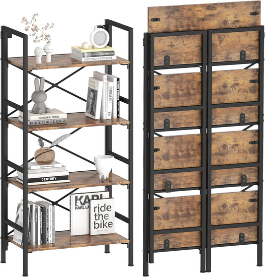 Folding Bookshelf,4 Tier Bookcase Foldable Shelf with X-Bracket Design, Adjustable Feet, Space Saving Storage for Living Room, Office, Rustic Brown
