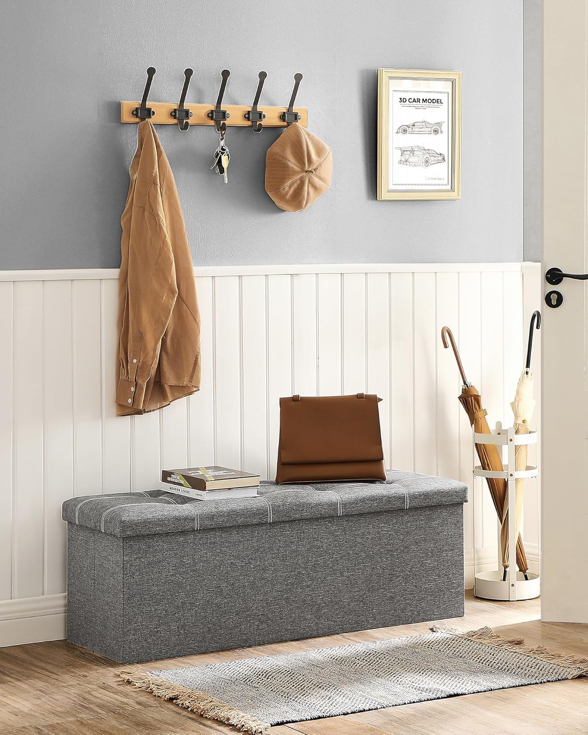 SONGMICS MAZIE Collection - 43 Inches Ottoman Storage Bench, 35 Gal. Folding Chest with Breathable Linen-Look Fabric, Load up to 660 lb, for Entryway, Living Room, Bedroom, Light Gray ULSF077G05