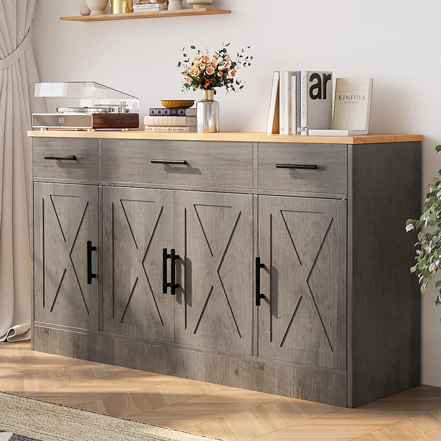 Shintenchi Buffet Cabinet with Storage,53.4" Large Kitchen Storage Cabinet with 3 Drawers and 4 Doors,Wood Farmhouse Buffet Sideboard with Adjustable Shelf for Kitchen Living Room,Ash Grey