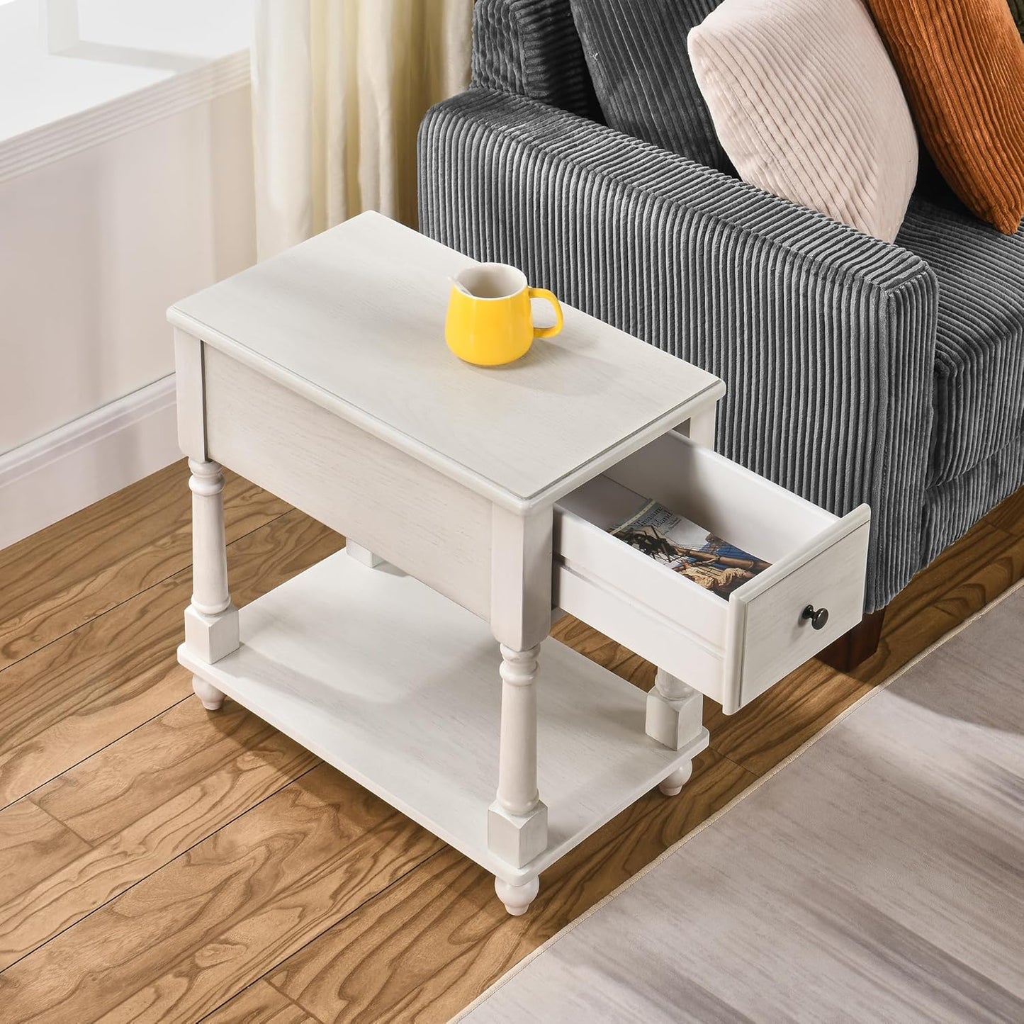LEEMTORIG Solid Wood End Table Narrow Side Table with Drawer, Cherry Wood End Table Living Room, 13" W Slim Bedside Table Small Nightstand, 22" D x 22.7" H, No-Tools Assembly, Gray White BBJ-004-RW