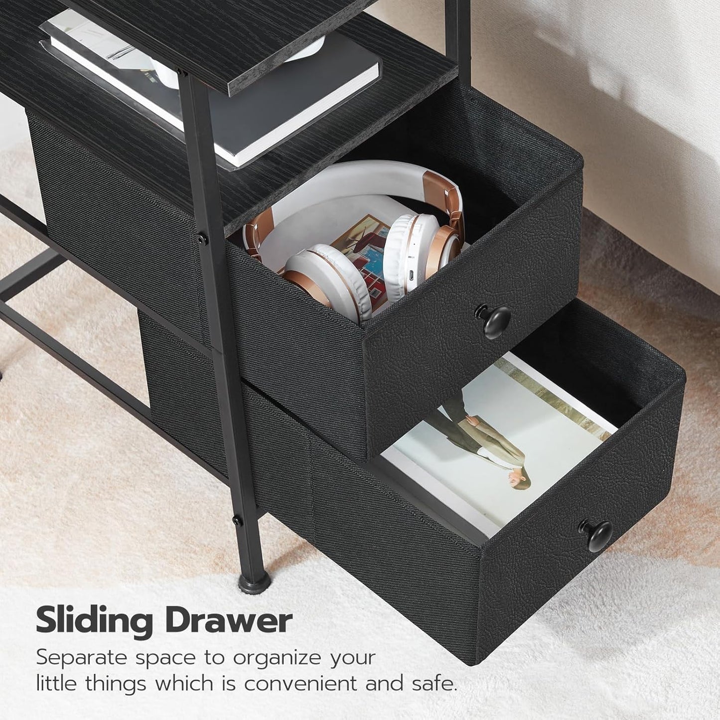HOOBRO End Table with Charging Station, Narrow Side Table, Nightstand with 2 Non-Woven Drawers, Slim Sofa Side Table, for Small Spaces, Living Room, Bedroom, Black BB486UBZ01